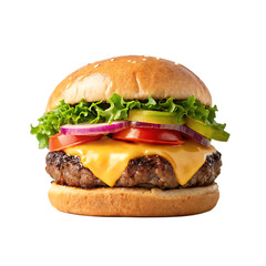 A close up shot of a cheeseburger with lettuce tomato onion and pickles on a sesame seed bun on black
