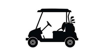 Simple black silhouette of a golf cart with clubs attached