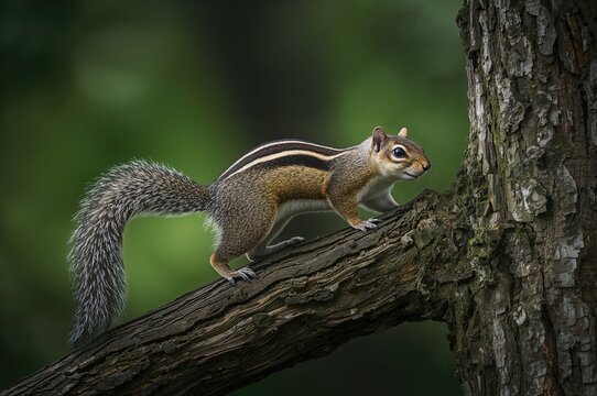 A striped squirrel from the Callosciurinae subfamily strolls along a tree branch, showcasing its distinct markings.