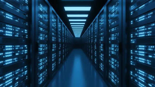Rows of illuminated server racks dominate a dark, futuristic data center hallway, casting a cool blue glow. The high-tech atmosphere suggests rapid data processing and digital infrastructure.