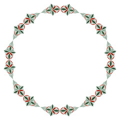 Obraz premium Ornamental geometric round frame. Fantasy round ornament of complex stars. Winter pattern in green red colors on white background. Design for christmas greeting card