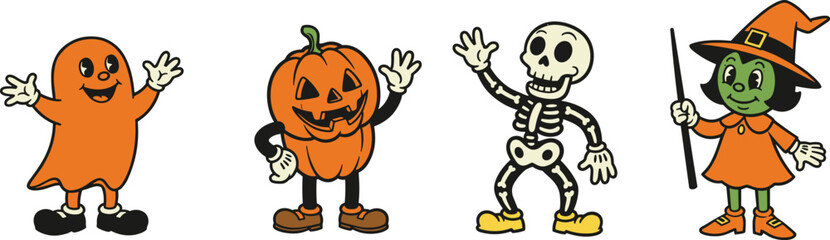 Halloween cartoon characters, ghost, pumpkin, skeleton, witch illustration, festive design, waving figures, spooky fun, children’s artwork, colorful costumes