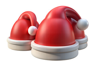 Festive red santa hats with white pom poms 3d rendered for holiday season