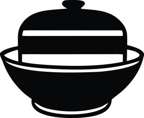 Simple black and white icon representing a bowl with a lid a classic symbol for food serving or storage with clean lines