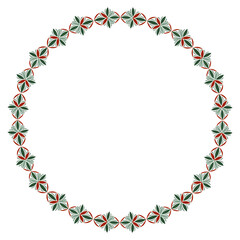 Ornamental geometric round frame. Fantasy round ornament of complex stars. Winter pattern in green red colors on white background