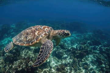 Fototapeta premium Olive ridley turtle swimming over vibrant coral in clear ocean water