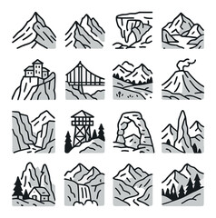 Black and white mountain landscape icons with natural features and landmarks