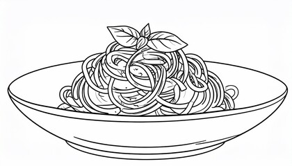 Line art of spaghetti with basil served in a bowl ready to eat as delicious meal