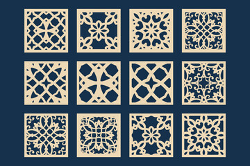Decorative panel vector templates 1x1 large set with lattice and floral ornament for panel and stencil design, square coaster set.