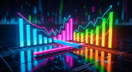 Naklejka premium Colorful glowing financial charts showing contrasting stock market trends