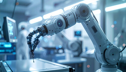 Precision Automation: A close-up captures the metallic grace of a robotic arm manipulating an object within a state-of-the-art laboratory setting.