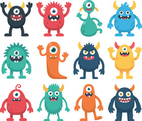 Funny Cartoon Monster Characters. Colorful One-Eyed and Scary Creatures Icon Collection. Vector Illustration
