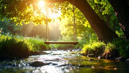 Swing Over Calm Stream with Sunlight Through Trees