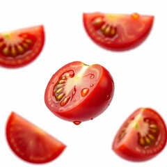 Floating tomato slices with water drops, realistic AI-generated image