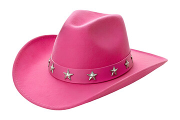 A bright pink cowboy hat stands alone, featuring a band adorned with shiny silver stars, perfect as a transparent png isolated object.