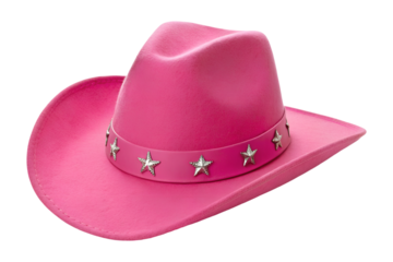 A bright pink cowboy hat stands alone, featuring a band adorned with shiny silver stars, perfect as a transparent png isolated object.