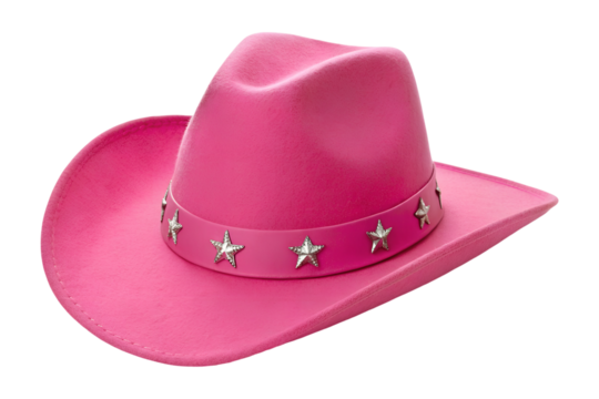 A bright pink cowboy hat stands alone, featuring a band adorned with shiny silver stars, perfect as a transparent png isolated object.