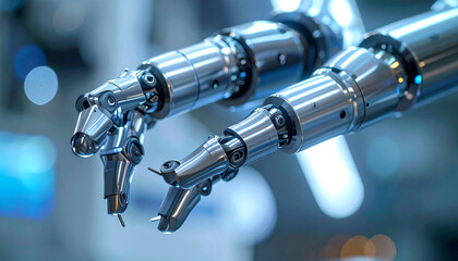 Robotic Arms in Action: A close-up shot captures the intricate precision and futuristic elegance of metallic robotic arms, symbolizing technological innovation and advanced manufacturing processes.