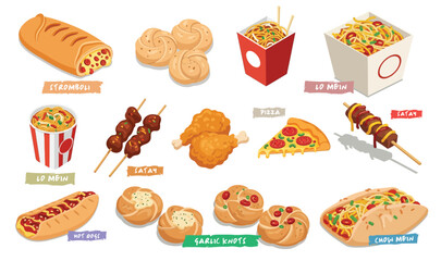 Fast food. stromboli, garlic knots, chow mein, lo mein, satay, PIZZA. Flat vector illustrations isolated on a white background