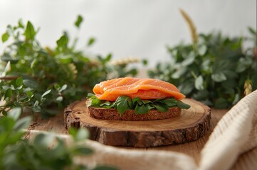 Classic salmon sandwich made from scratch on a rustic table setting