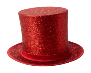 A sparkling red glitter top hat stands prominently, completely isolated on its transparent background, a vibrant png image asset for versatile visual projects.