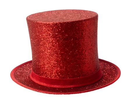 A sparkling red glitter top hat stands prominently, completely isolated on its transparent background, a vibrant png image asset for versatile visual projects.