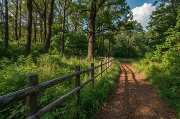Fototapeta premium Old Timber Barrier by a Woodland Trail Surrounded by Vibrant Summer Foliage