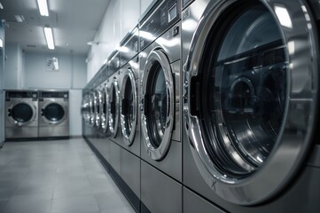 Line of automated laundry machines and dryers in a contemporary self-service laundry facility, viewed from a low side angle