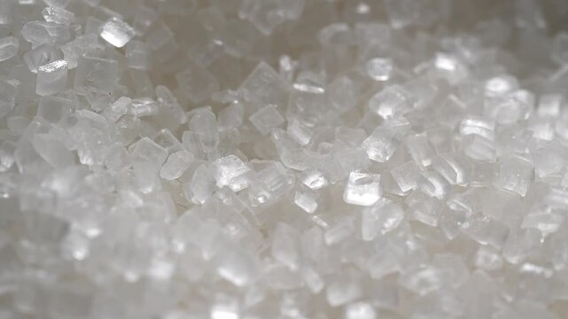 Macro video of sugar particles. close up texture of white sugar.