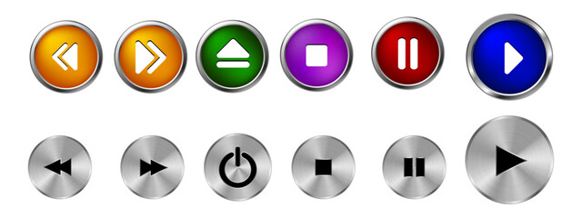 Media player button sets. Video audio player, player  Play and pause buttons set. vector illustration. Silver button set