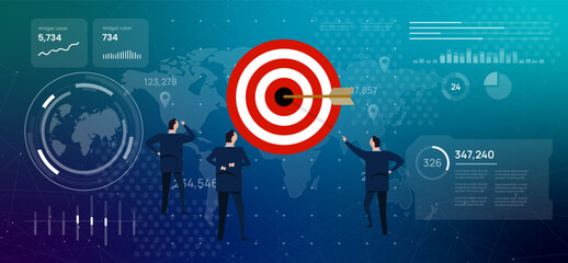 Obraz premium Clear business goals successful strategies and achievement of objectives in data driven global market businessmen target with arrow hitting the bullseye digital dashboard with a world map background