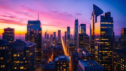 Colorful cityscape skyline sunset modern urban architecture