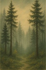 Atmospheric misty pine forest with tall trees and fog on a quiet woodland trail