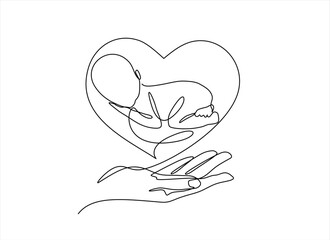 Continuous one line drawing of hand holding a prematurity baby. Concept of protect child, save child. World prematurity day. Hand drawn one line vector. Editable stroke