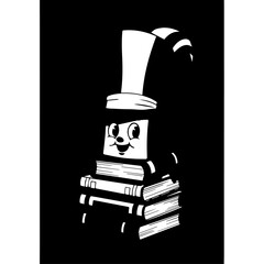 Whimsical Stack of Books Character Wearing a Tall, Curved Hat, Smiling.