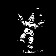 Whimsical White Clown Juggling Balls in Playful Silhouette Against Black Background.