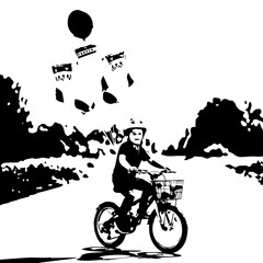 Young Child Riding Bicycle with Basket Wearing Helmet Silhouetted on Path.