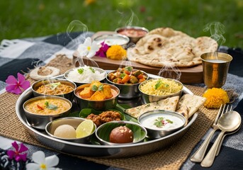 Indian feast served on a platter with naan, curries, and rice outdoors
