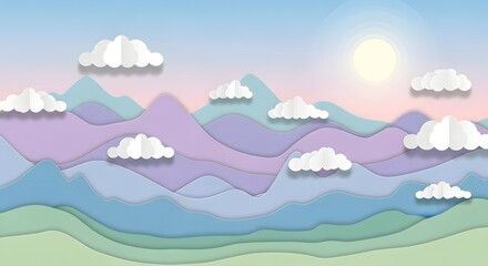 Whimsical Pastel Papercut Landscape with Mountains and Sun