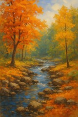 Fototapeta premium Autumn Forest River Oil Painting