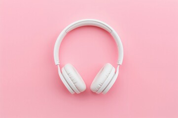 Wireless white earphones against a simple backdrop. Modern tech gadget. Bluetooth audio device. Wireless sound streaming. Sleek white audio headphones. Minimalist background.