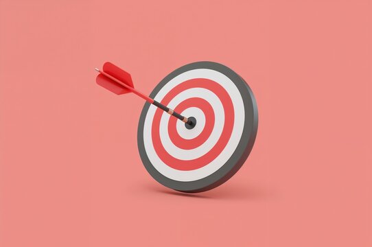 Dart striking the bullseye symbolizing success in business finance and goal attainment. 3D 2R cartoon style icon.