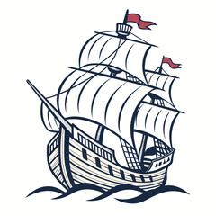 Stylized illustration of a vintage sailing ship with full sails and red flags on the ocean waves