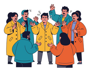 A group of angry people arguing with and yelling at one single person.