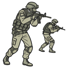 Two soldiers in tactical gear aiming their rifles in a defensive combat stance illustration