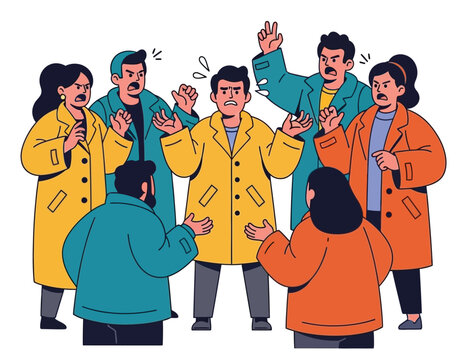 A group of angry people arguing with and yelling at one single person.