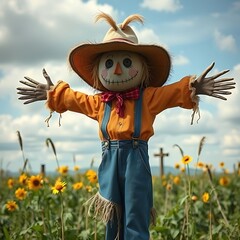 Scarecrow Amidst Sunflowers: A whimsical scarecrow stands in a vibrant field of sunflowers, a charming and rustic scene embodying the spirit of autumn with its warmth and character. 