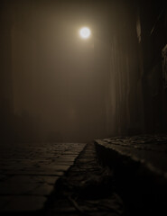 Brukowana ulica we mgle.