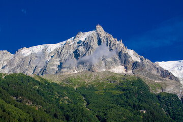 Chamonix Montblanc beautiful alpine mountain summits landscape. Alps mountains with snow and...
