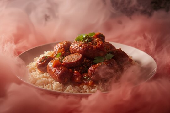 Spicy sausage stew with tomato sauce served alongside rice, a classic Creole meal